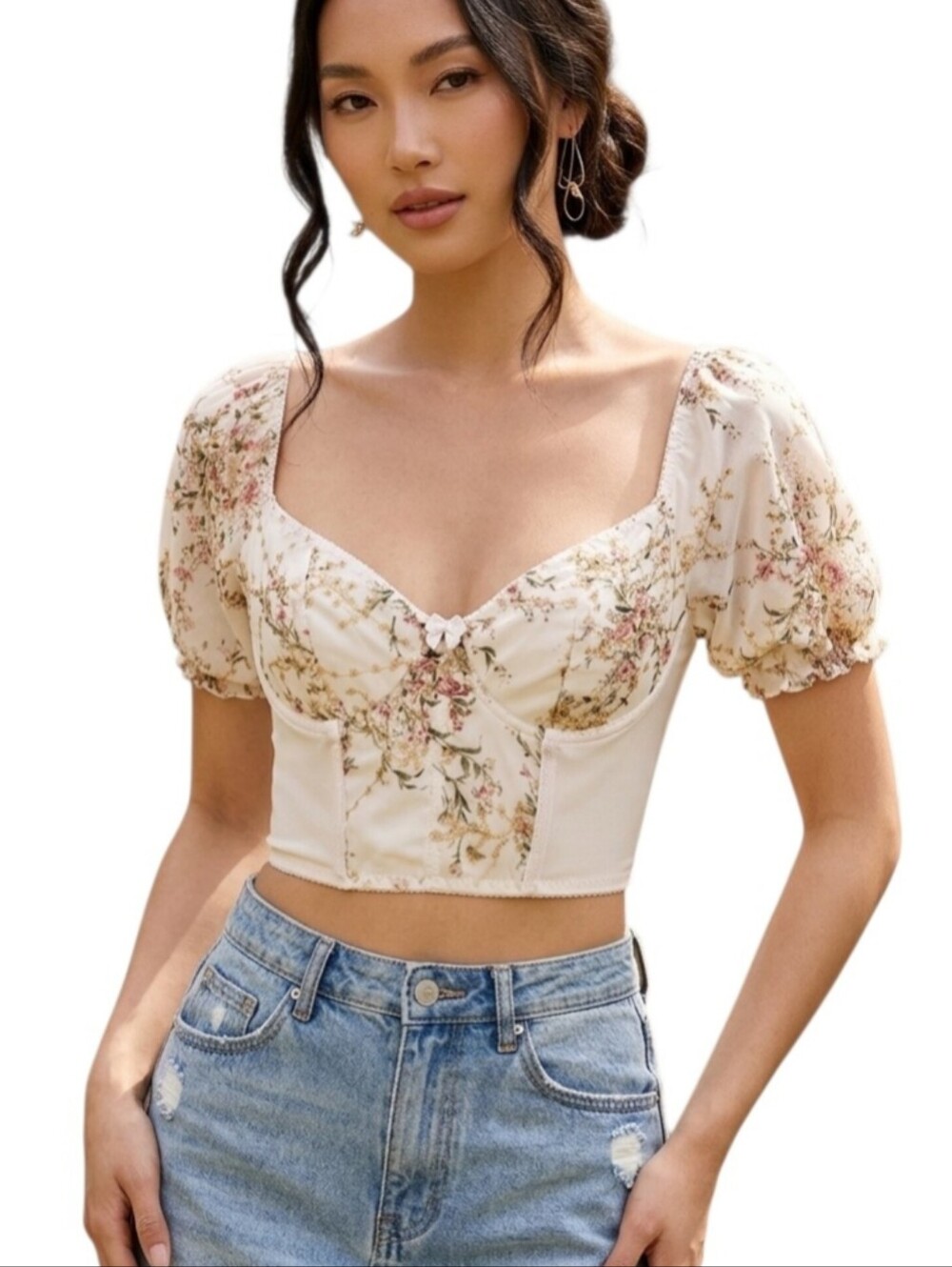 Floral Corset Crop Top Puff Sleeve Milkmaid Cottagecore Mesh Bustier Size M